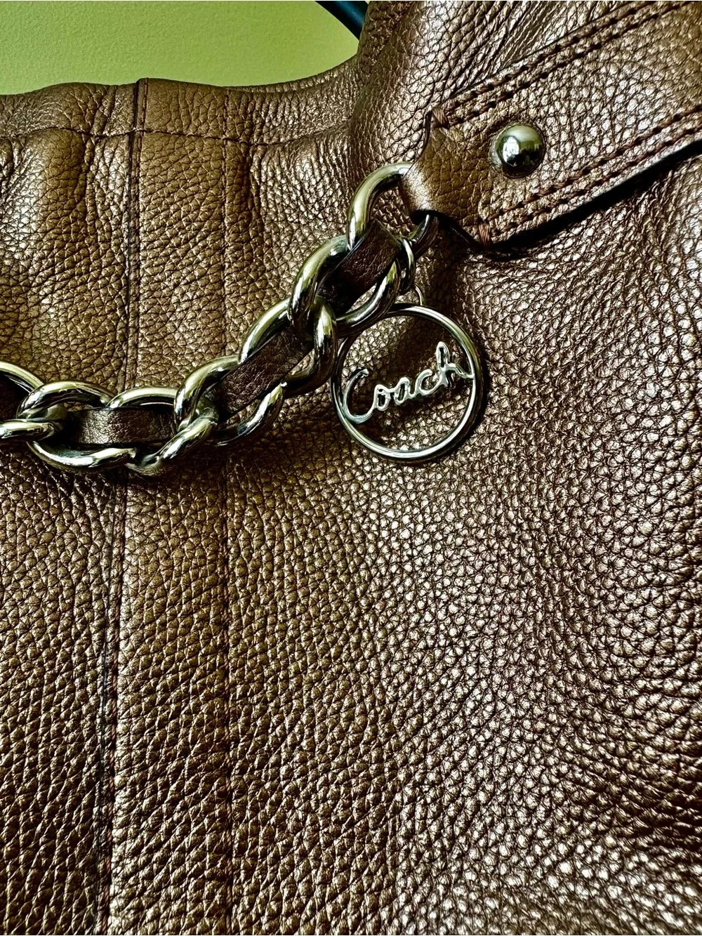 Coach Metallic Bronze Pebbled Leather Hobo Shoulder Bag with Chain Charm - Picture 3 of 13